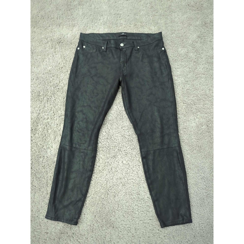 7 For All Mankind Pants Womens 32 Black Mid Rise Faux Leather Skinny Leg Cropped